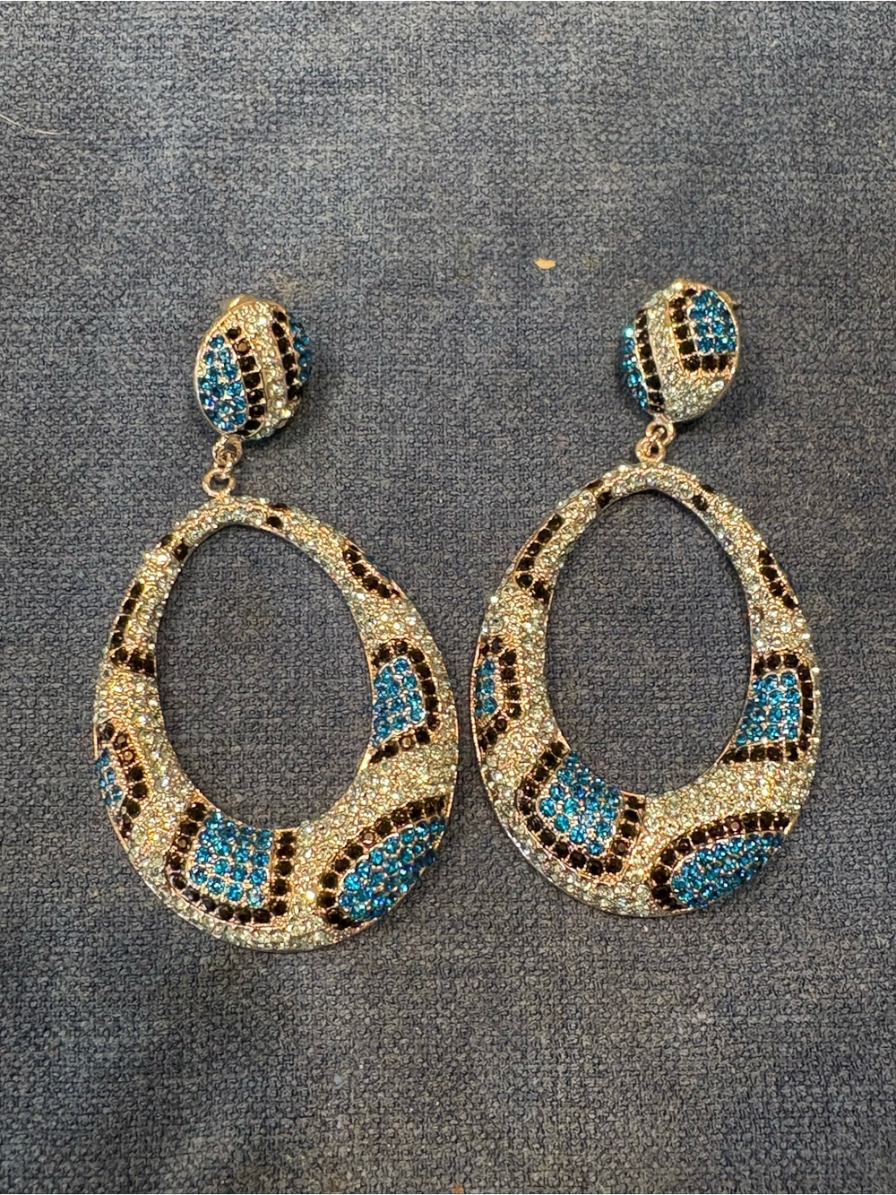 Gold-Tone Blue, Black and Clear Crystal Open Oval Drop Earrings